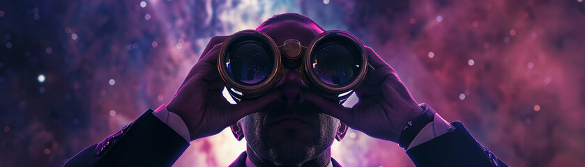 Evil boss observing a multiverse through mercury coated binoculars