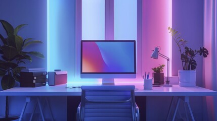Workspace of the future: sleek AI assistant, minimalistic design, and blue neon accents for innovation touch.