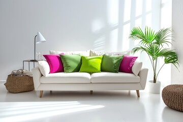 Colorful stylish interior concept with colorful fabric sofa and green home plants, home decor Interior mockup. Generative AI