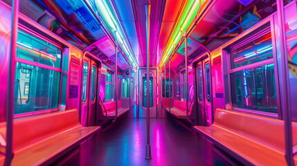 The interior of a subway train lit by vibrant neon lights captured in a long exposure to emphasize speed and movement all while maintaining a calming