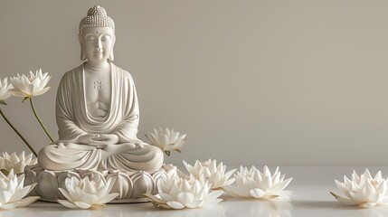 White Budha statue with wjite lotus and candles on water on light background. Happy Wesak day. Budha birthday concept.