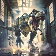Fototapeta na wymiar a dinosaur running in a building