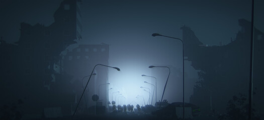 Destroyed houses with a few people in the backlight on the street.