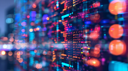 Imagine a scene focused on the art of code editing where a fragment of source code on a computer screen is captured in exquisite detail surrounded by a soft blurred background of digital tex - obrazy, fototapety, plakaty