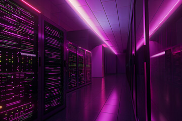 modern data technology center with rows of server racks in a dark room illuminated by LED lights The scene showcases the power and complexity of data storage