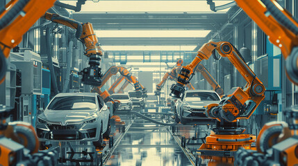 Modern automated manufacturing line in an automobile factory Background assembly line with robotic arms and vehicles Colors industrial blues and grays metallic sheens Created Using industrial