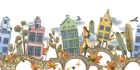 Ancient European houses are colorful, with autumn trees and leaves, with a girl in a raincoat with an umbrella. Hand drawn watercolor illustration. Seamless border is isolated from the background