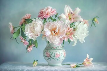 A soft-focus image of a vintage floral arrangement with varied flowers in a decorative vase, set against a pastel backdrop
