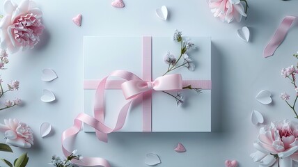 a white gift box adorned with a pink ribbon, surrounded by delicate flowers and heart elements, accompanied by a blank letter card offering ample copy space on the right for your message.