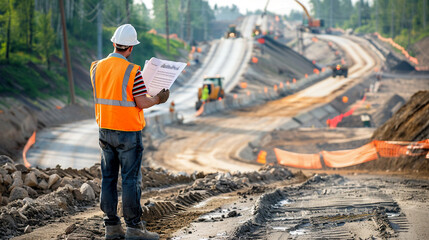Road Construction Engineer Inspects Expressway Construction Work
