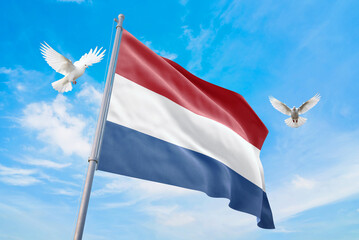 Waving flag of Netherlands in beautiful sky and flying pigeons. Netherlands flag for independence day. The symbol of the state on wavy fabric.