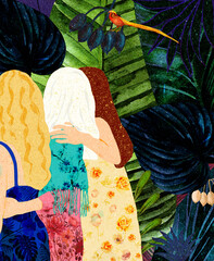 Trzy obejmujące się kobiety odwrócone tyłem na tle pięknej kolorowej roślinności. - obrazy, fototapety, plakaty