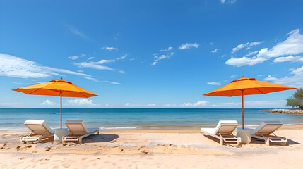 Beach chairs and umbrellas on the sandy beach under blue sky. Copy space