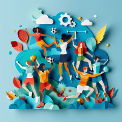 2d paper cut Group of diverse people full of vitality connected by active lifestyle and healthy hobbies. International company with alike interests doing sport together over blue background. 