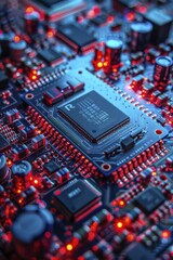 Neon blue circuit board, close-up on microchips and pathways, symbolizing the heart of technology innovation.