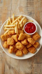 Top view of traditional chicken nuggets and french fries on wooden table with space for text