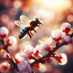 bee collect nectar and honey on apple or cherry flowers bloom