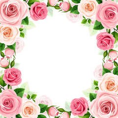 Floral frame with pink and white rose flowers. Vector roses card design