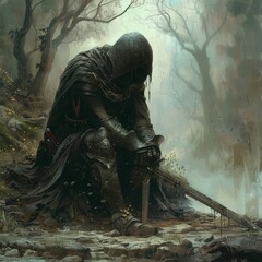 a person in a black robe sitting on a stone path with a sword