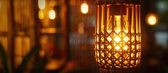 Bamboo lamp glowing in the dark with intricate lantern detail. Handcrafted with vintage light bulb, close-up view.