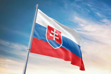 Waving flag of Slovakia in blue sky. Slovakia flag for independence day. The symbol of the state on wavy fabric.