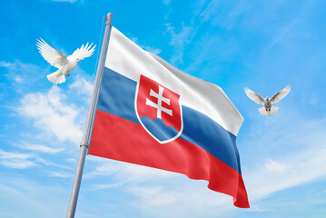 Waving flag of Slovakia in beautiful sky and flying pigeons. Slovakia flag for independence day. The symbol of the state on wavy fabric.