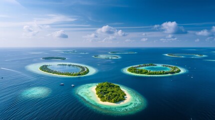 An aerial view of a group of small islands scattered in the vast ocean, showcasing their isolated and remote existence.