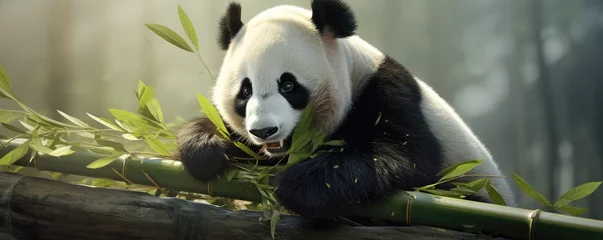 Poster A panda bear is laying on a tree branch in a lush green forest © Michal