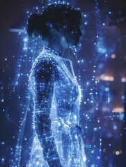 Fototapeta premium Neon blue holographic concert, virtual performance by digital avatars creating a futuristic entertainment experience.