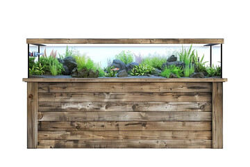 A vibrant fish tank brimming with lush plants and rugged rocks