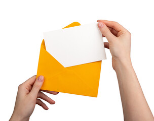 Holding an open envelope with a white card inside, blank horizontal postcard mockup