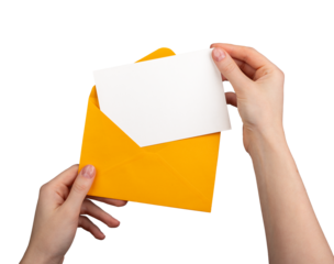 Holding an open envelope with a white card inside, blank horizontal postcard mockup