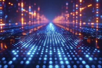 Fototapeten Neon blue quantum computer boasts holographic output, epitomizing innovation in computing. © malisa