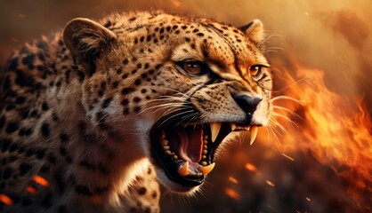  a close up of a cheetah with it's mouth open and it's teeth wide open.