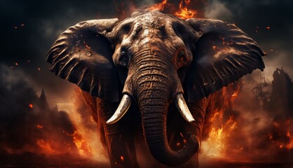  an elephant with large tusks standing in front of a fire filled sky with clouds and buildings in the background.