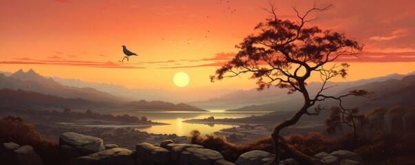 Vibrant Sunset Over Mountains with Lone Tree and bird - obrazy, fototapety, plakaty