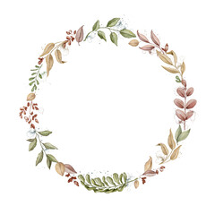 Round frame with autumn varied leaves and plants isolated on white background. Watercolor hand drawn illustration