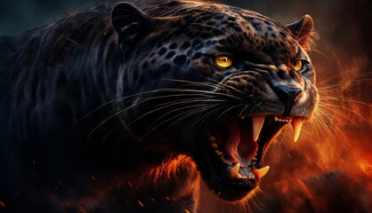  a close up of a leopard on fire with it's mouth open and it's teeth wide open.