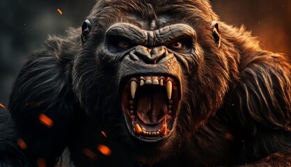  a close up of a gorilla face with it's mouth open and it's teeth lit by the sun. - obrazy, fototapety, plakaty