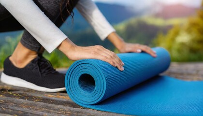  Close-up of woman roll blue yoga mat. Sport, yoga, fitness workout, active healthy lifestyle