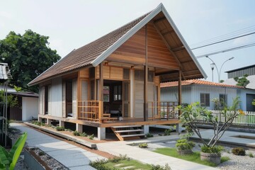 Thai Isaan houses and Japanese Muji style in realistic photographs, showcasing minimalist architecture that harmoniously blends elements from both cultures.