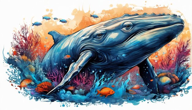  a painting of a humpback whale swimming in the ocean with corals and other marine life around it.