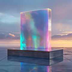 A large cube with a rainbow colors on it
