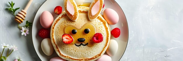 Easter bunny pancake breakfast with berries, honey, and eggs on white background - obrazy, fototapety, plakaty