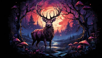  a painting of a deer standing in the middle of a forest at night with a full moon in the background.