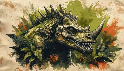  a drawing of a dinosaur with spikes on it's head, surrounded by plants and leaves, with a grungy background.