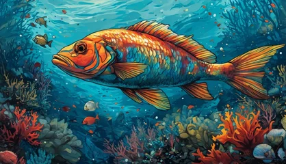 Fotobehang  a painting of a goldfish swimming in a blue ocean with corals and other marine life on the bottom of the water. © Jevjenijs