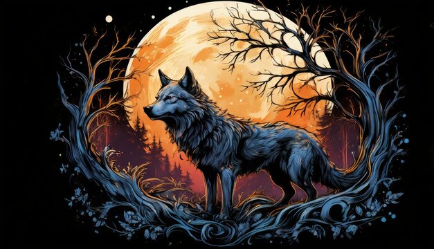  a painting of a wolf standing in front of a full moon with trees in the foreground and a full moon in the background.