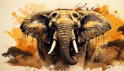  a painting of an elephant with paint splatches on it's face and tusks on it's ears.