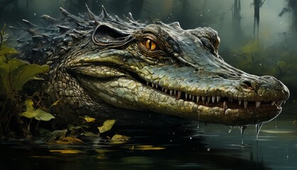  a painting of a crocodile in the water with its mouth open and it's teeth hanging out of it's mouth.
